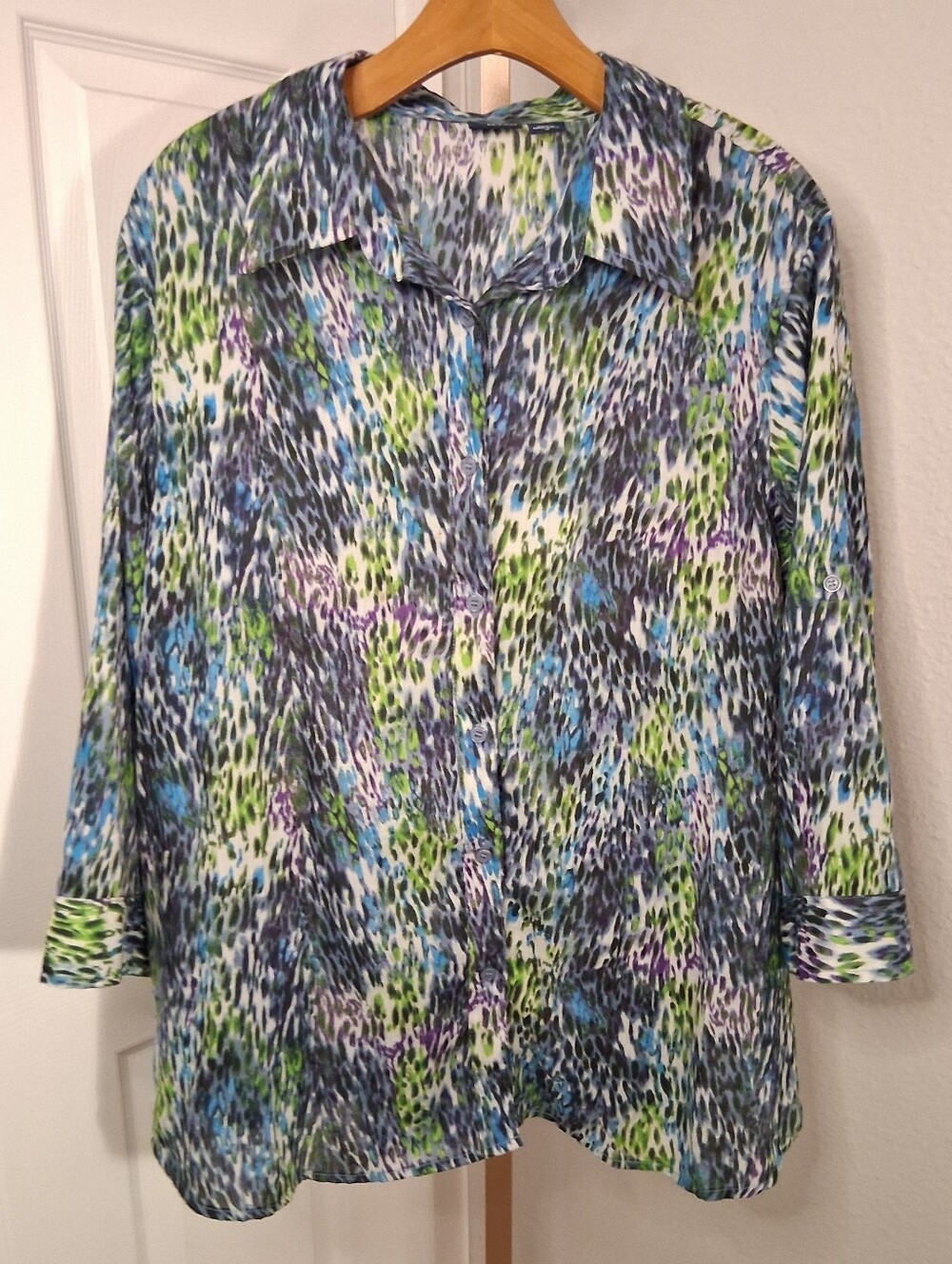 Basic Editions Printed Button Down Blouse 1X - Picture 1 of 2